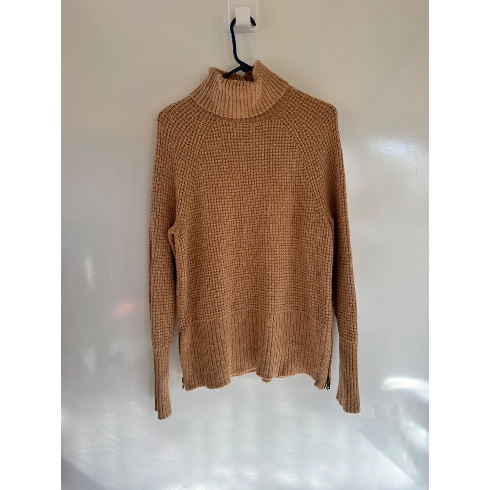 LL Bean Waffle Knit Turtleneck Sweater Camel Tan Side Zip 520977 Womens Small